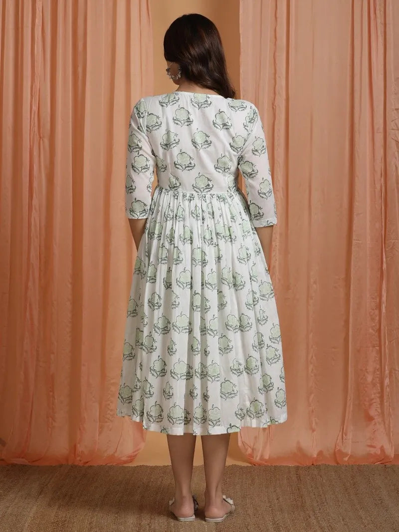 Off White Green Hand Block Printed Cotton Dress