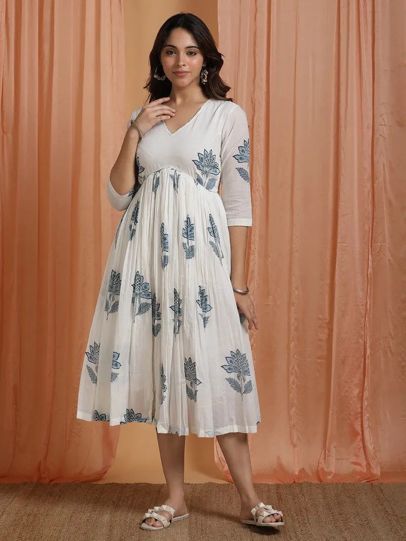 blue and off‑white hand block printed cotton dress front view