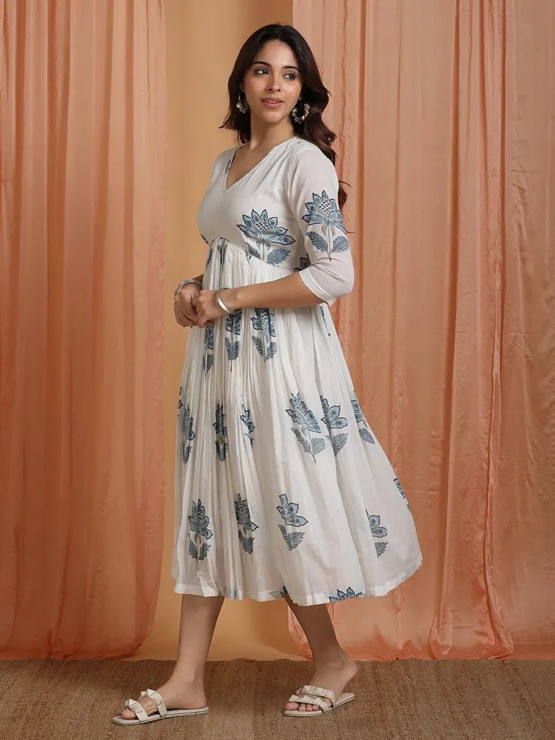 mulmul cotton dress with floral block print and V‑neckline