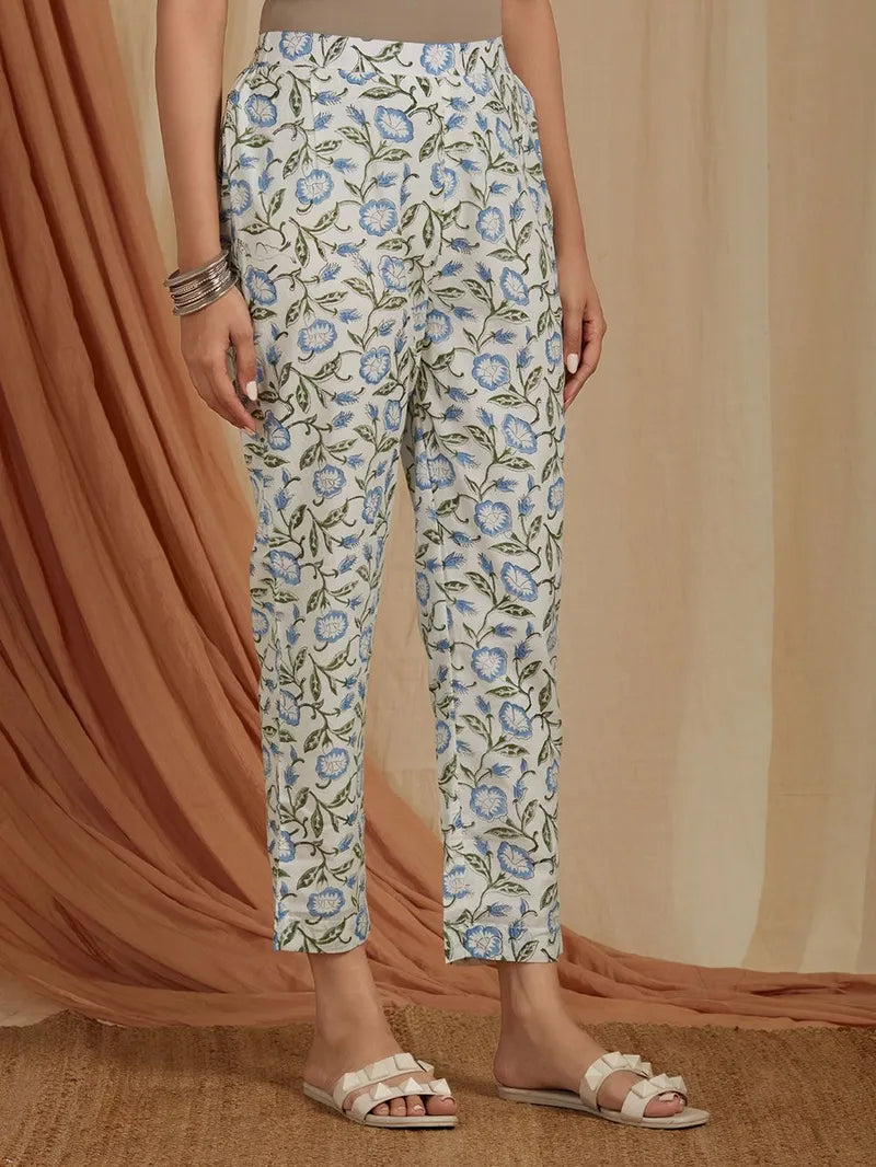 Off White Blue Hand Block Printed Cotton Kurta with Pants- Set of 2