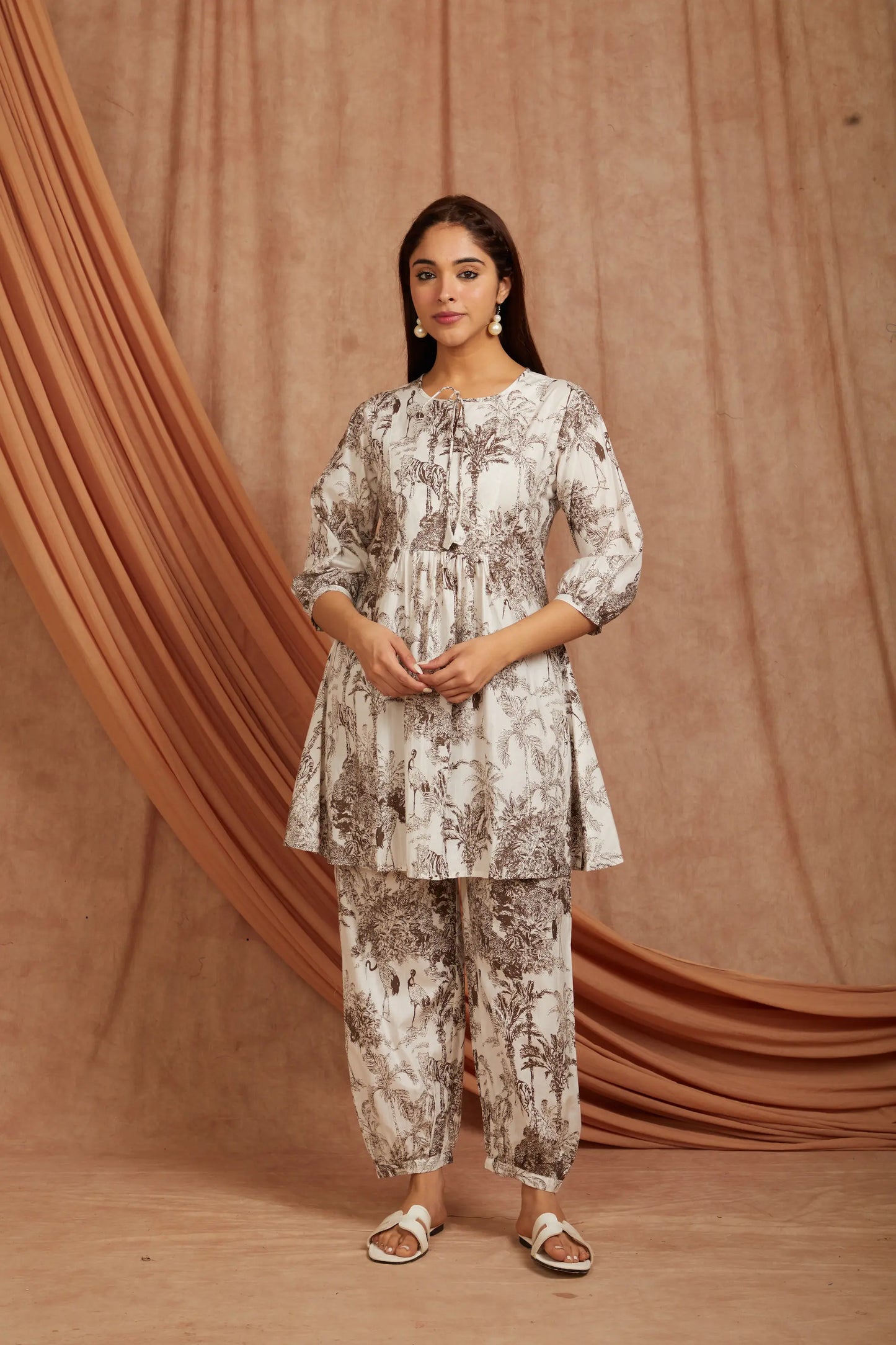 White Brown Printed Cotton Kurta with Pants - Set of 2