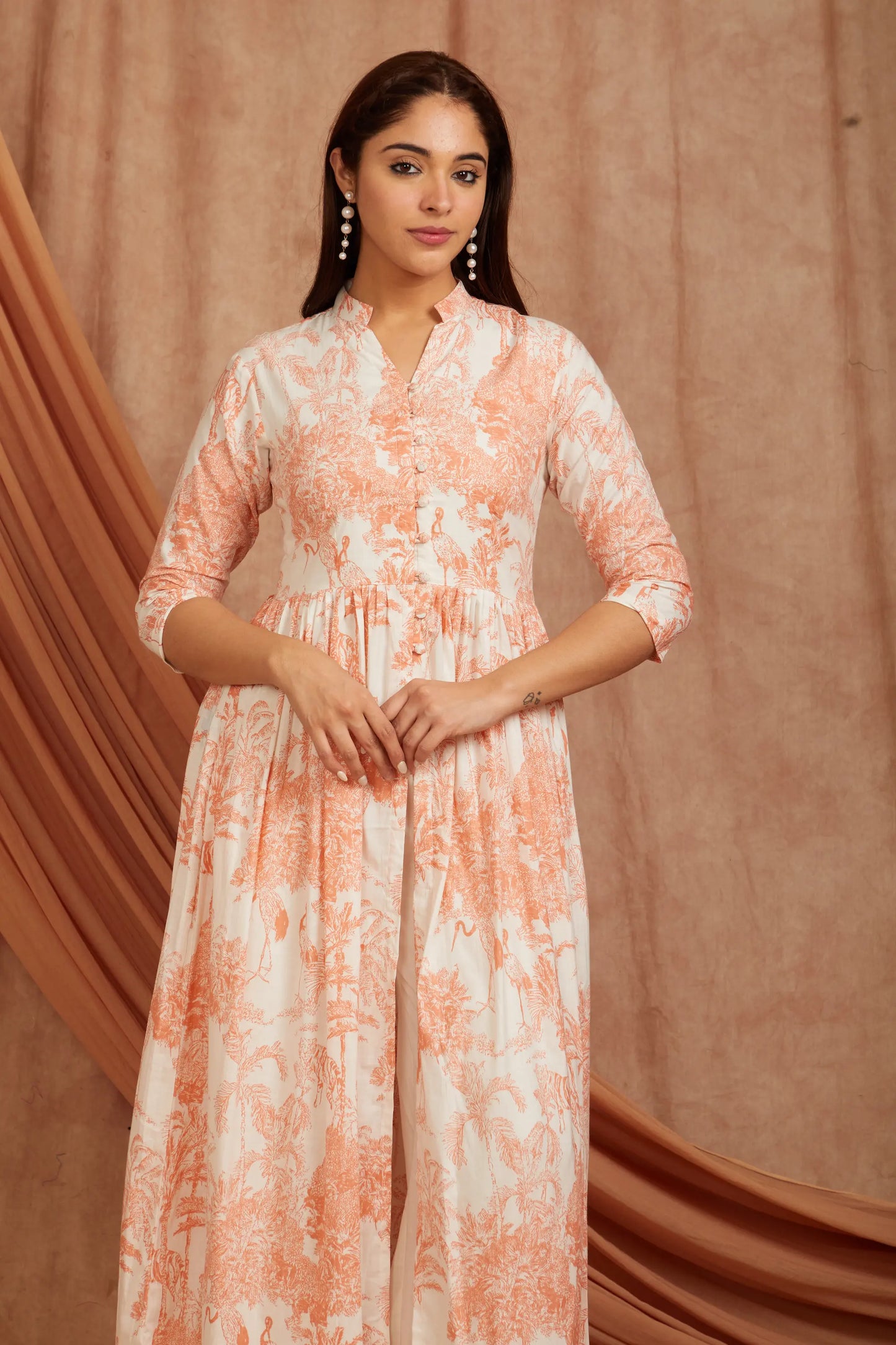 White Peach Printed Cotton Kurta with Pants - Set of 2