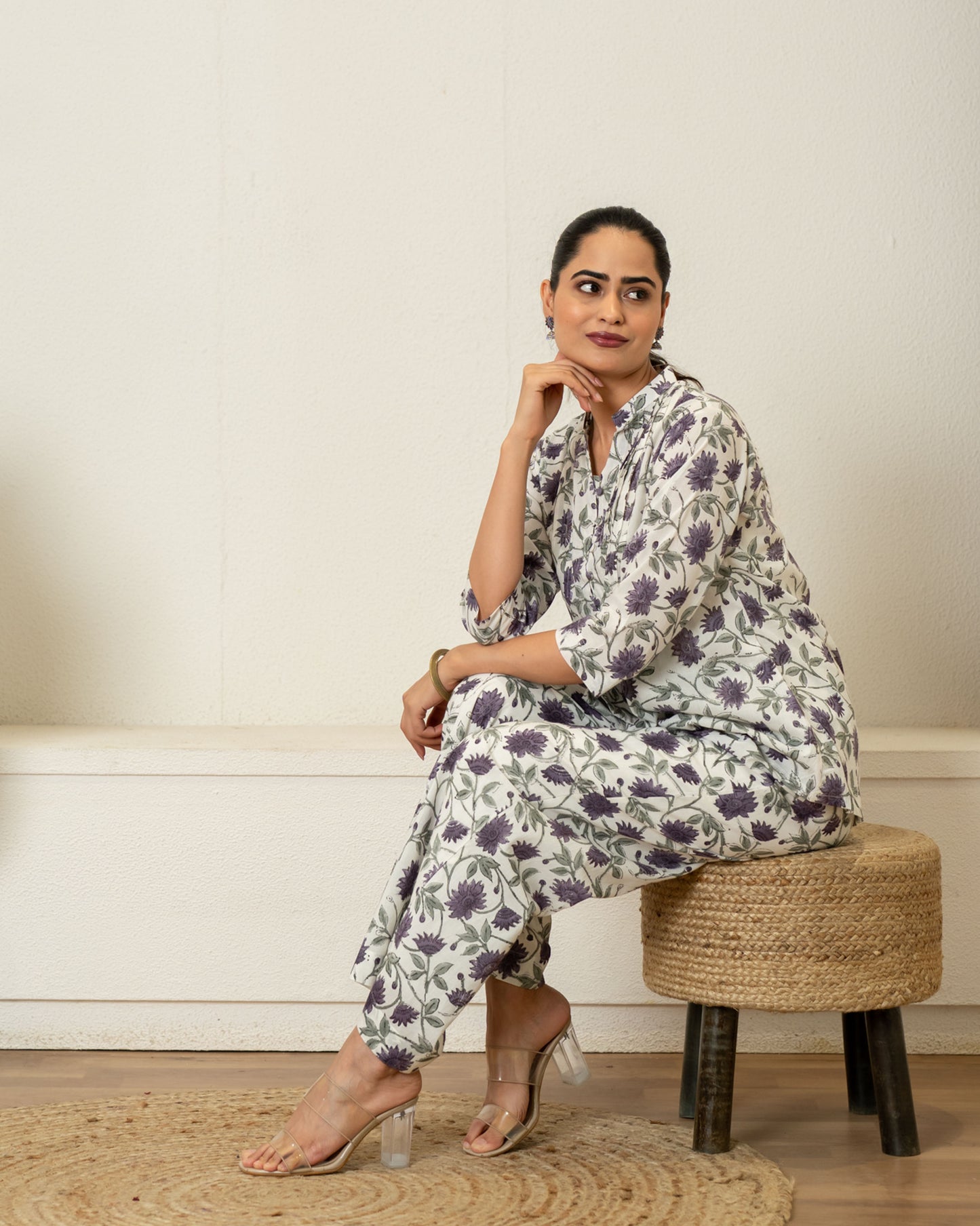 Off White Lavender Hand Block Printed Cotton Co-ord Set- Set of 2