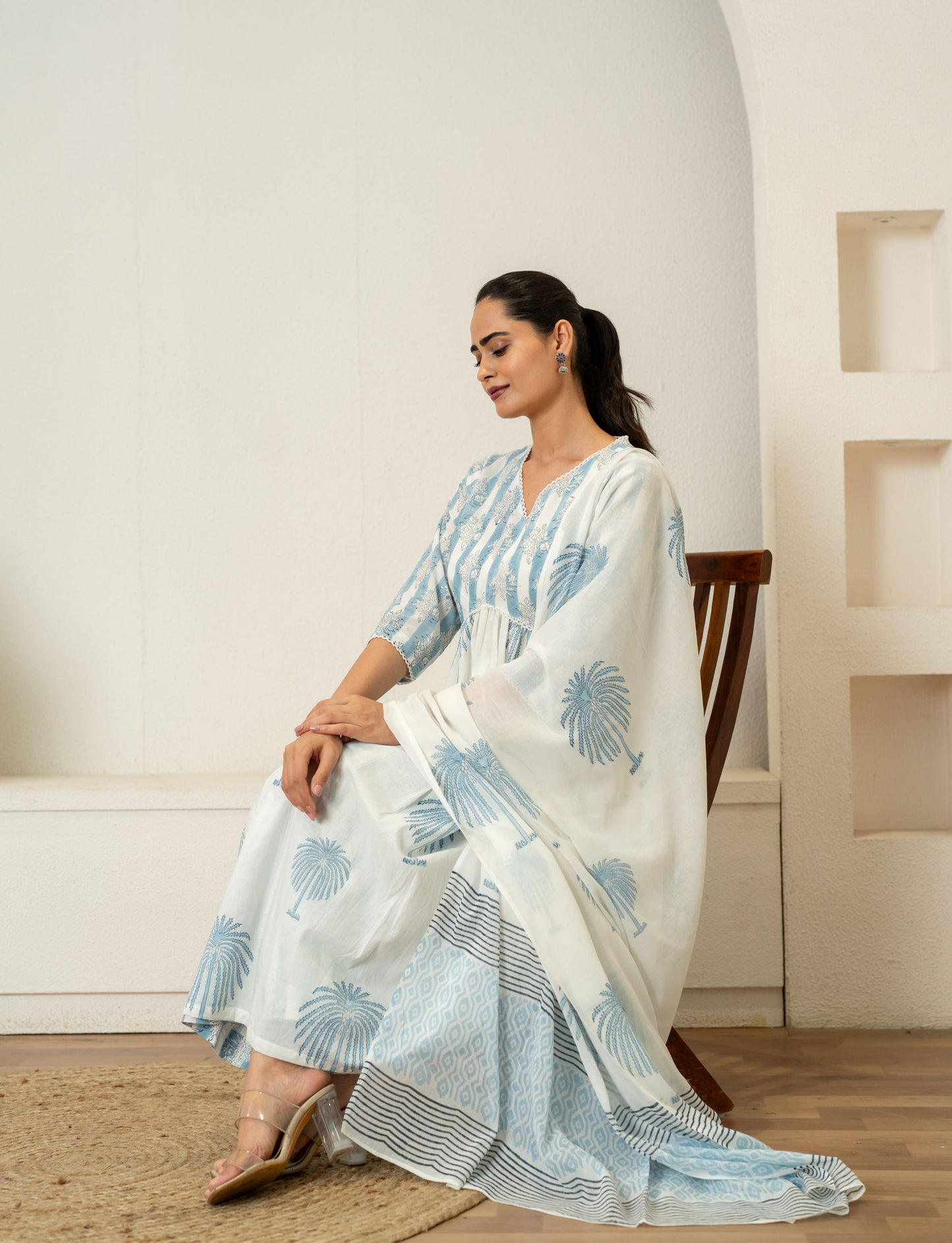 Off White Blue Hand Block Printed Cotton Suit- Set of 3