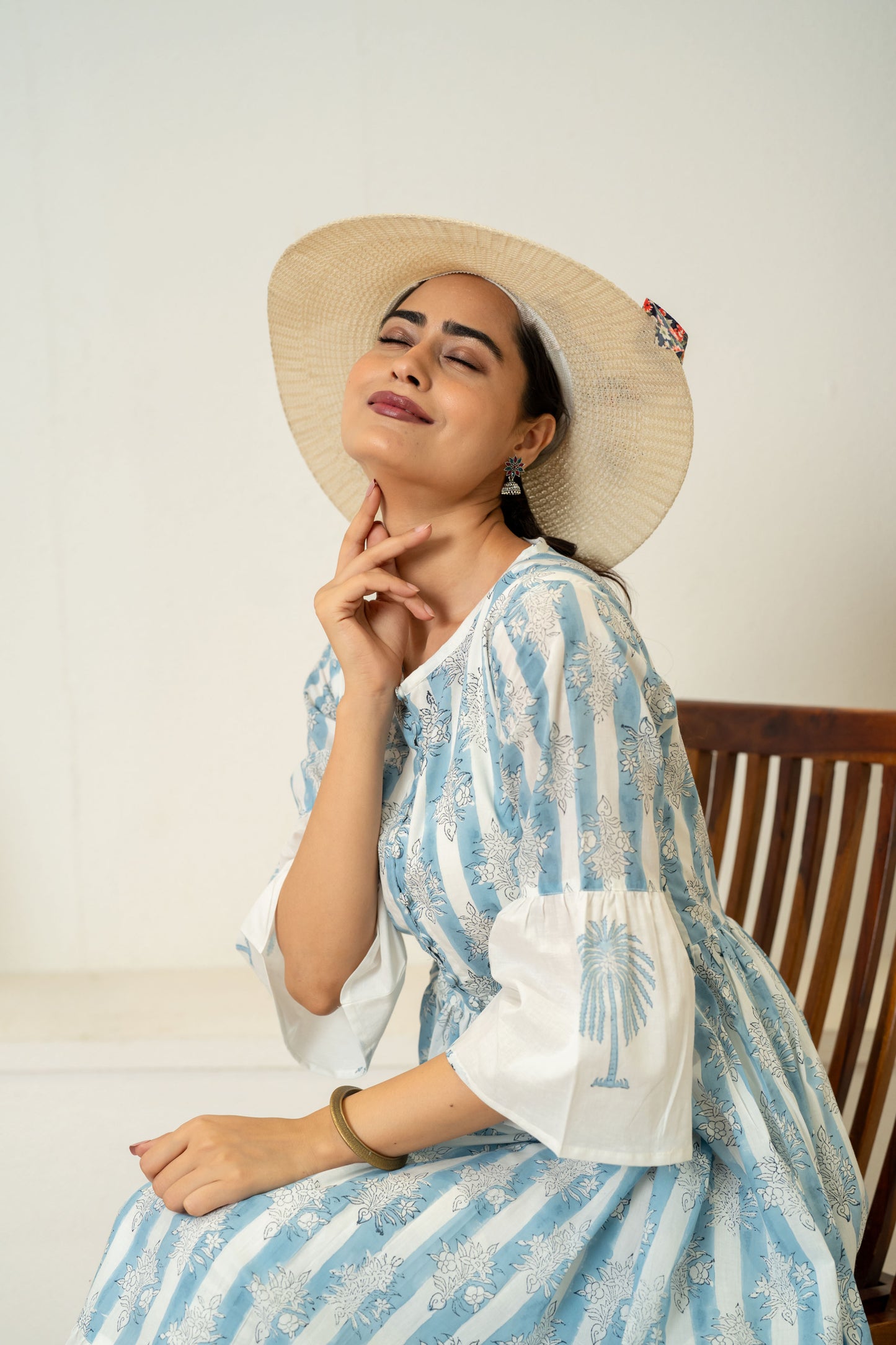 Off White Blue Hand Block Printed Cotton Dress