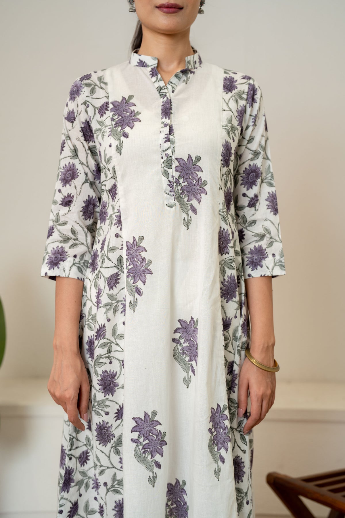 Off White Lavender Hand Block Printed Cotton Kurta with Pants- Set of 2