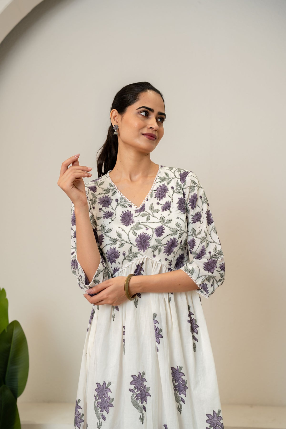 Off White Lavender Hand Block Printed Cotton Dress
