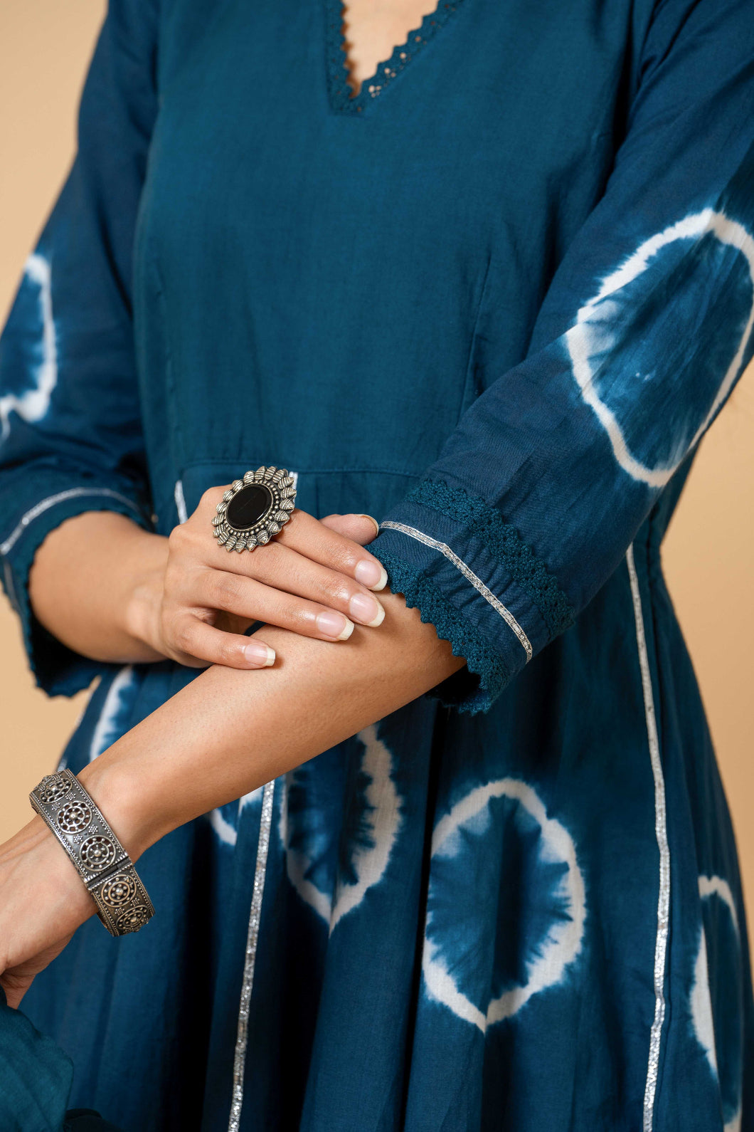 close-up of peacock blue tie-dye design