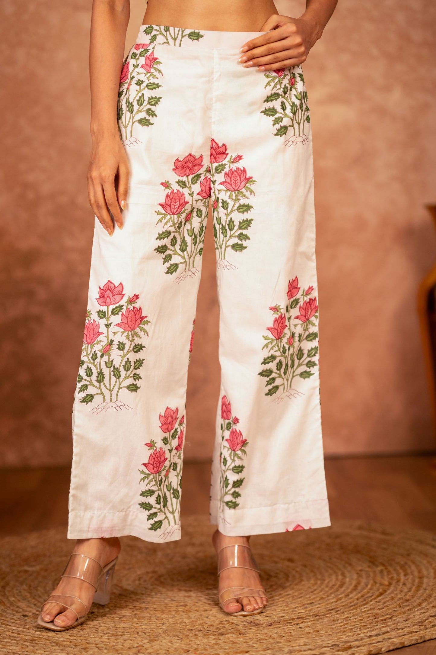 off white cotton pants with red green block print