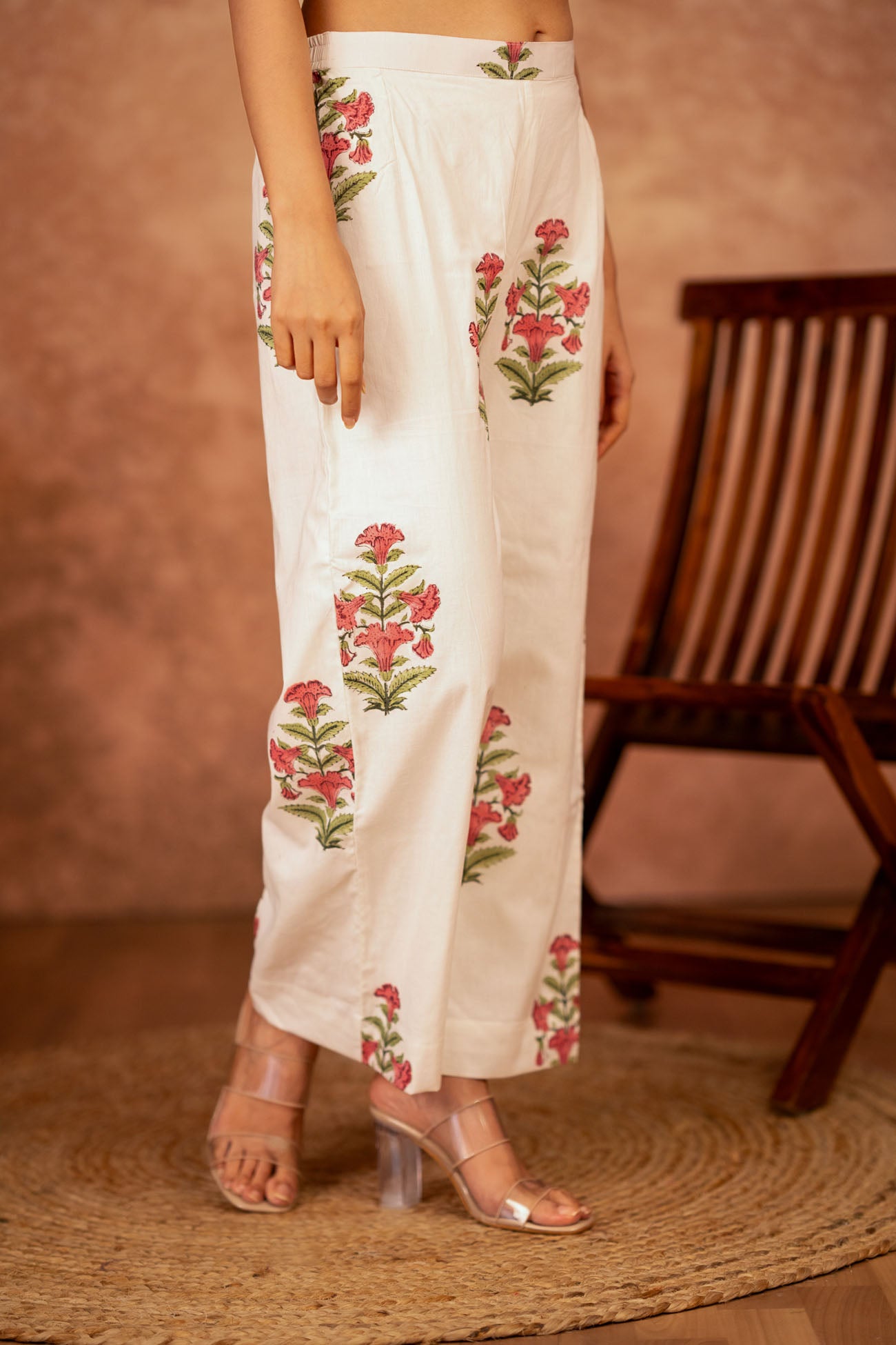 Off White Pink Hand Block Floral Printed Cotton Suit Set of 3