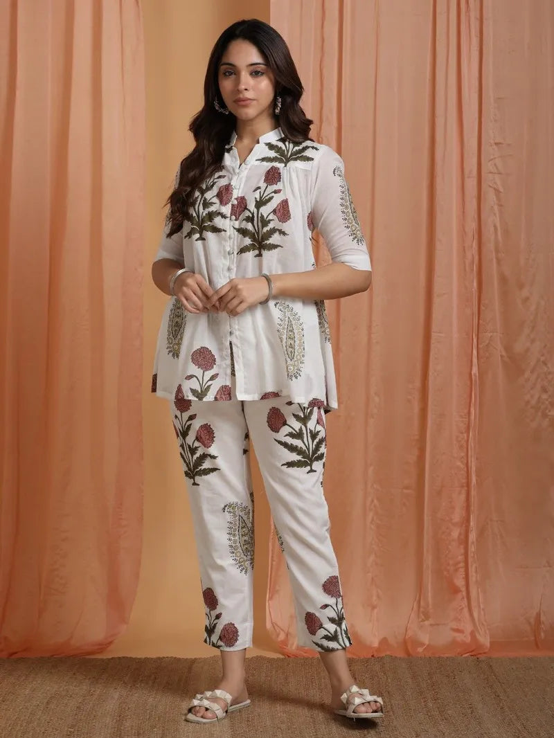 White Red printed cotton co-ord set for women – SIVI