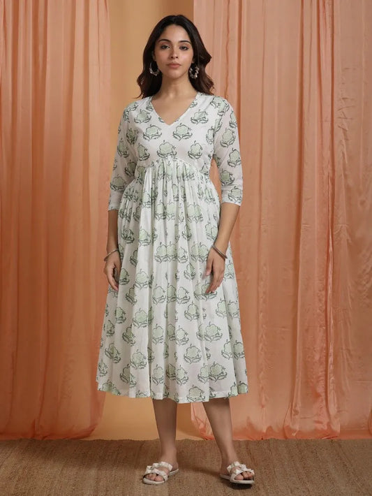 off‑white cotton dress with green hand block printed floral design
