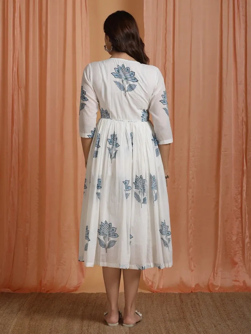 model in blue off‑white block print dress – side view