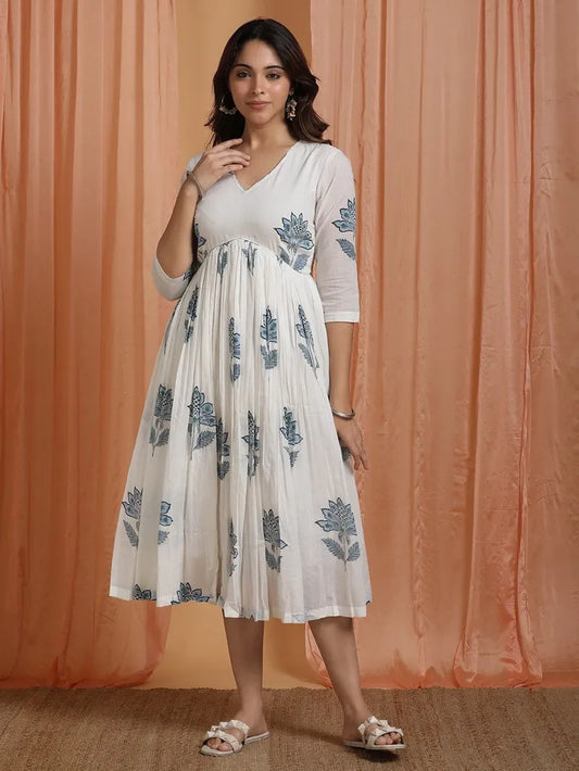 blue and off‑white hand block printed cotton dress front view