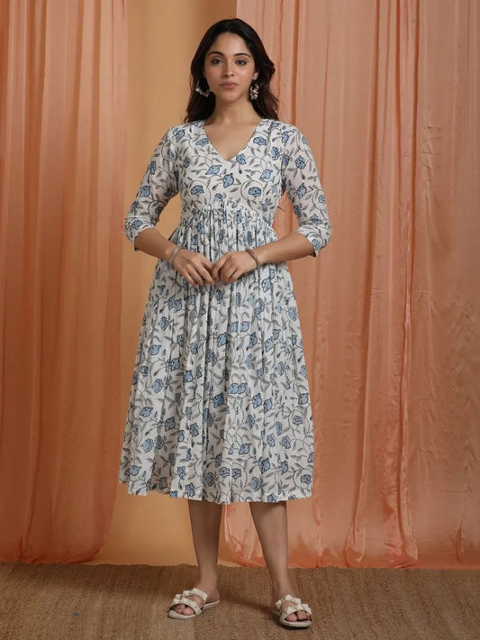 blue and off‑white hand block printed cotton dress front view