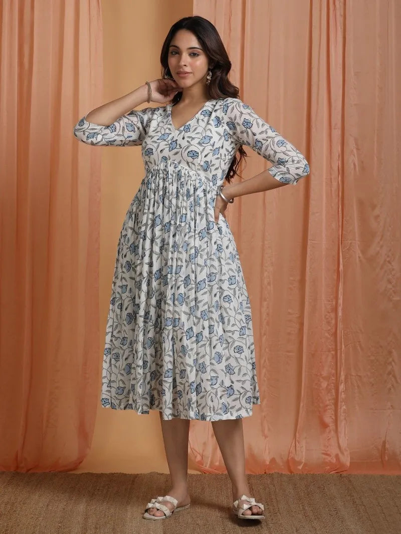 mulmul cotton dress with floral block print and V-neckline