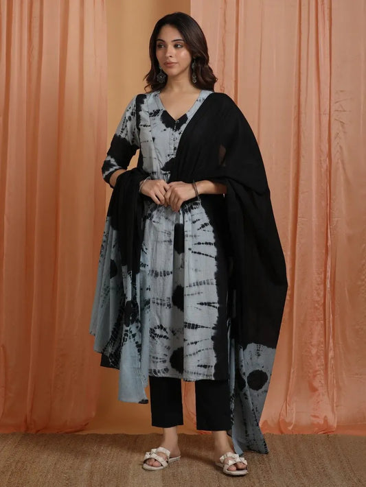 black and blue tie‑and‑dye cotton mulmul suit set front view