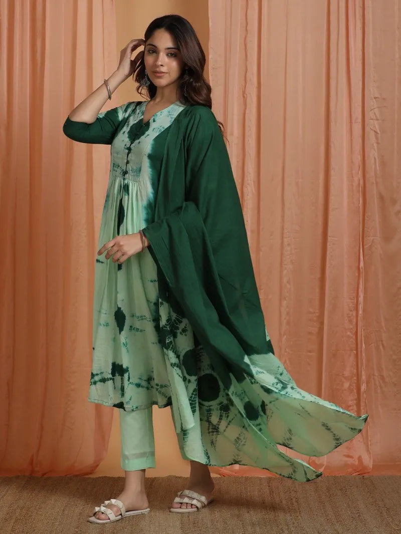 green tie‑and‑dye cotton mulmul suit set front view