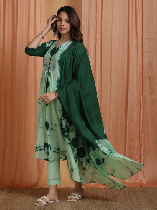 green tie‑and‑dye cotton mulmul suit set front view