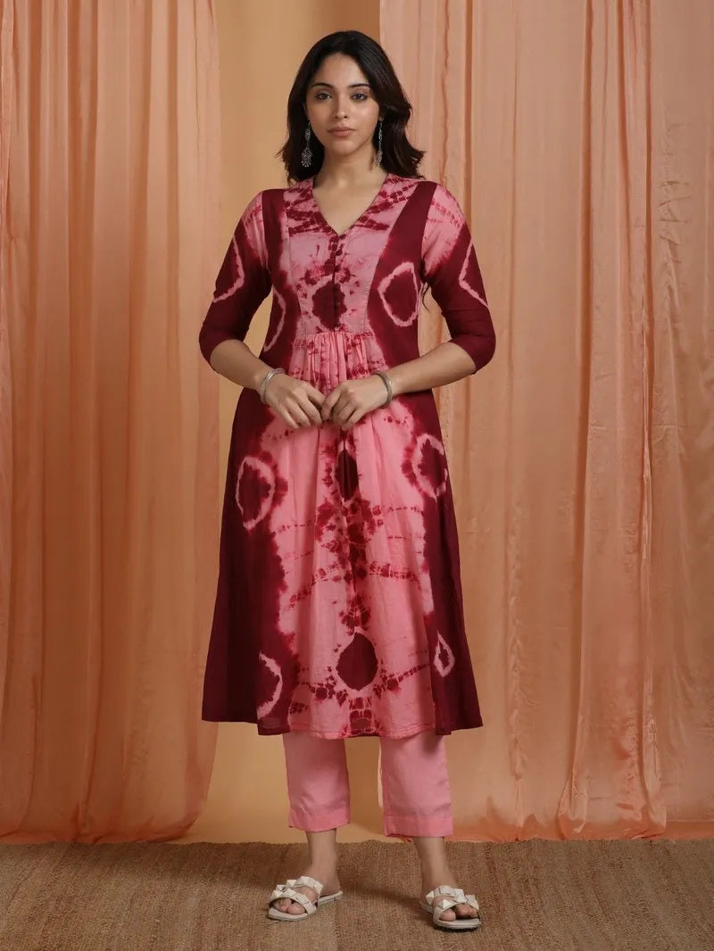 model wearing SIVI pink tie‑and‑dye suit set