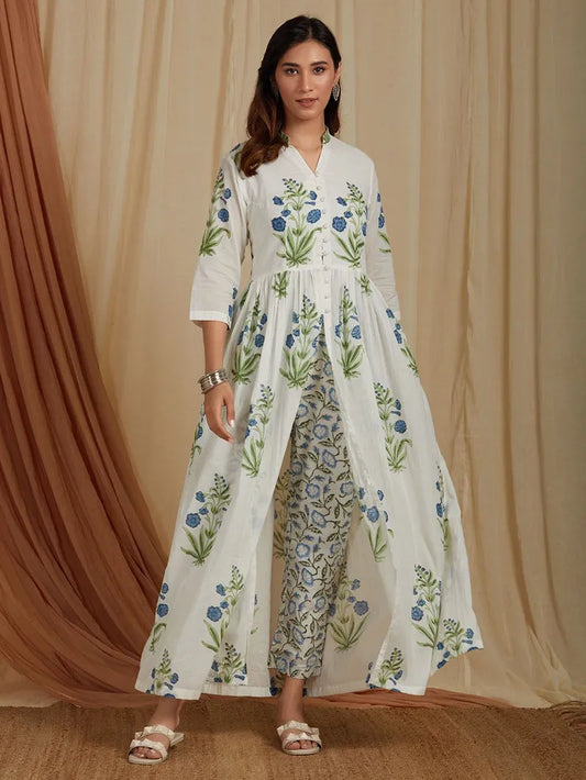off‑white blue hand block printed cotton kurta with pants set