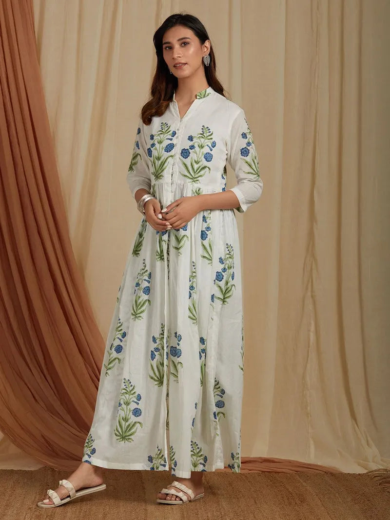 breathable cotton kurta pant set in off‑white and blue