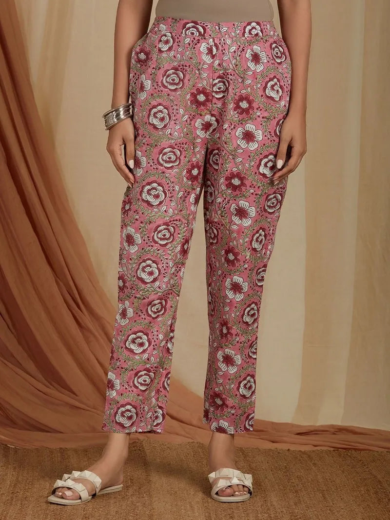Off White Pink Hand Block Printed Cotton Kurta with Pants- Set of 2