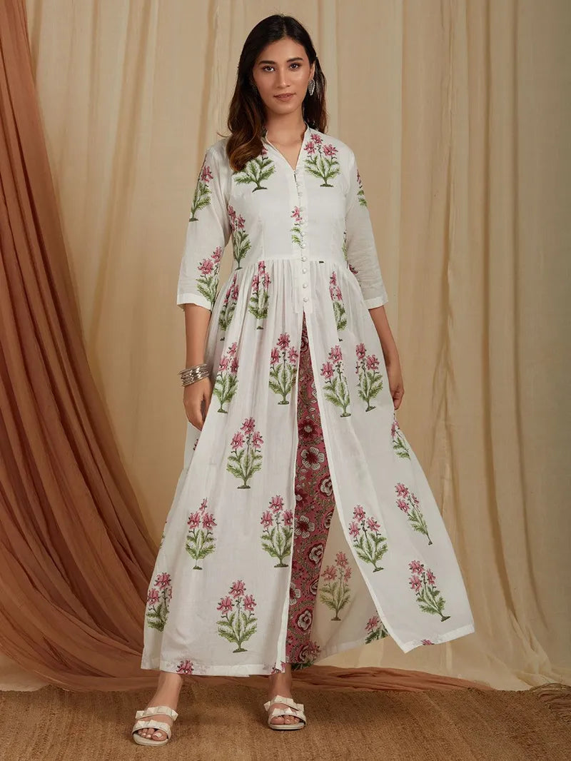 off‑white pink hand block printed cotton kurta with pants set