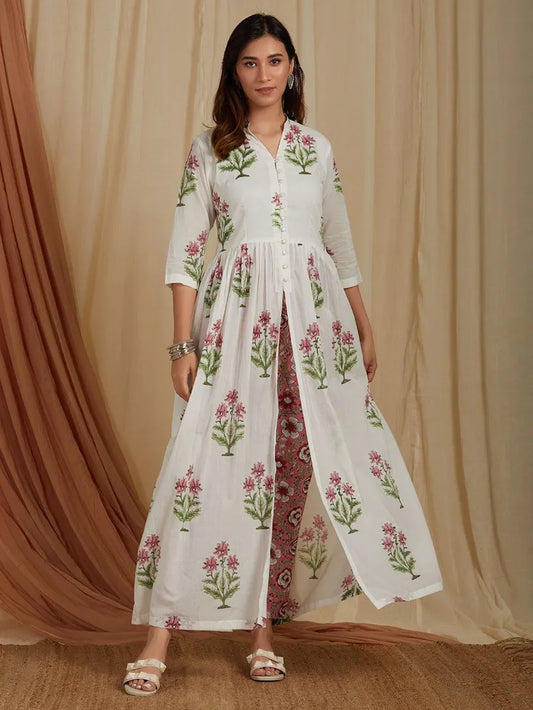 off‑white pink hand block printed cotton kurta with pants set