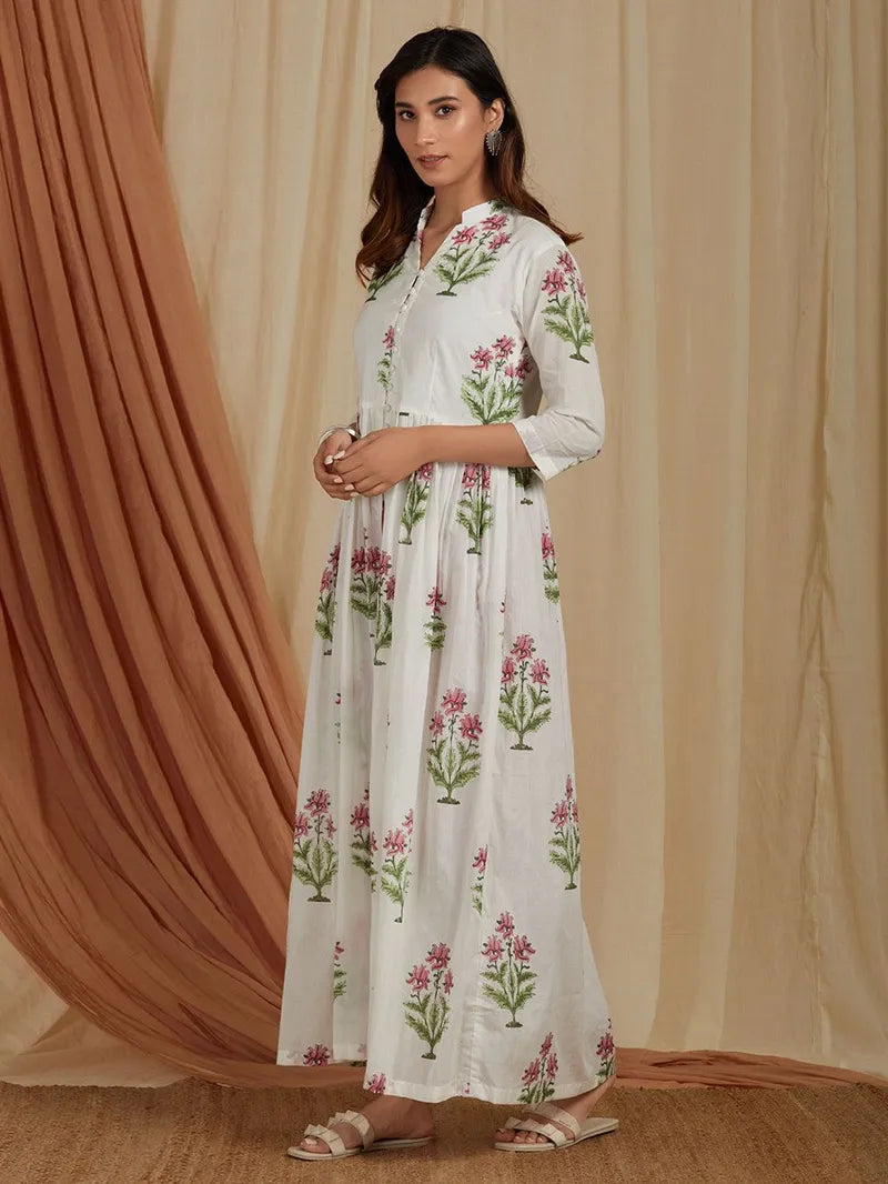 breathable cotton kurta pant set with pink floral prints