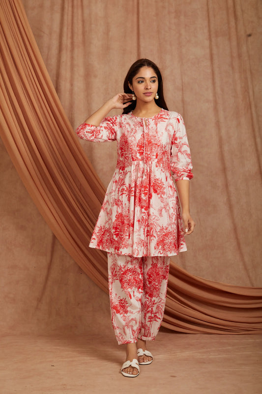 White Red Printed Cotton Kurta with Pants - Set of 2