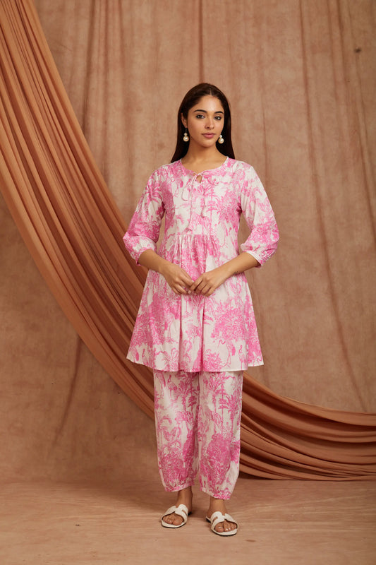 White Pink Printed Cotton Kurta with Pants - Set of 2