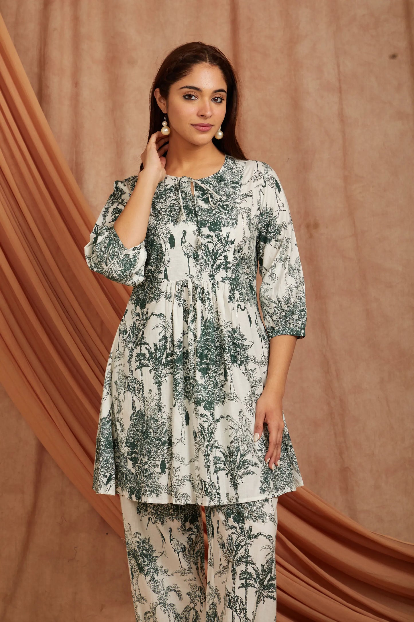 White Green Printed Cotton Kurta with Pants - Set of 2