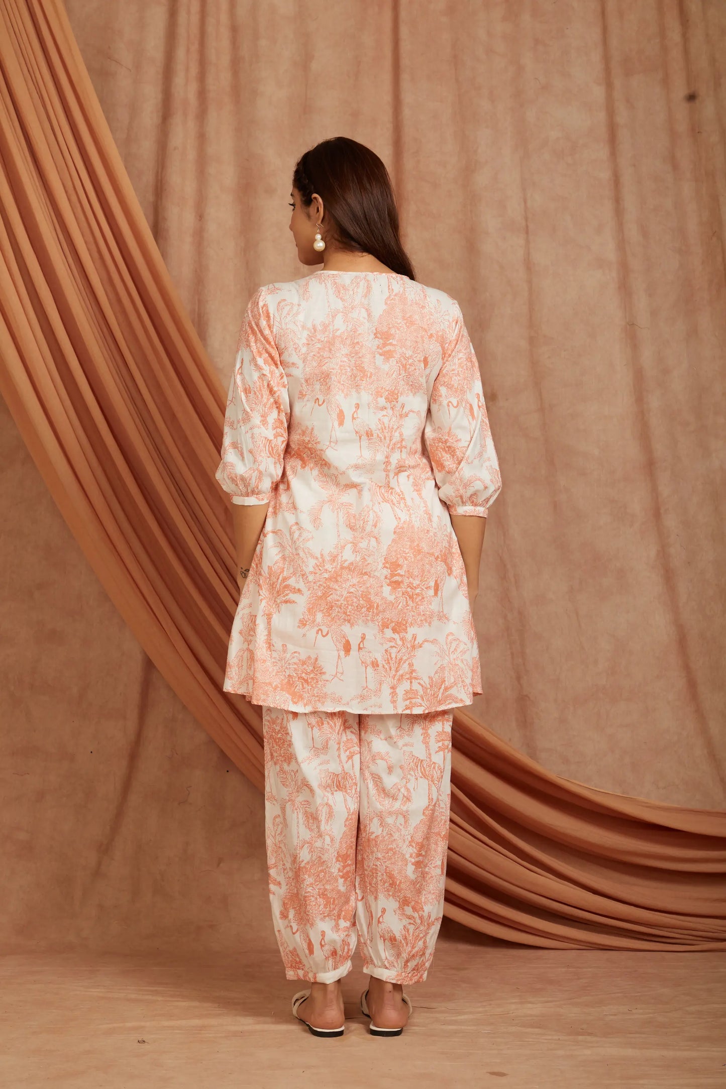 White Peach Printed Cotton Kurta with Pants - Set of 2