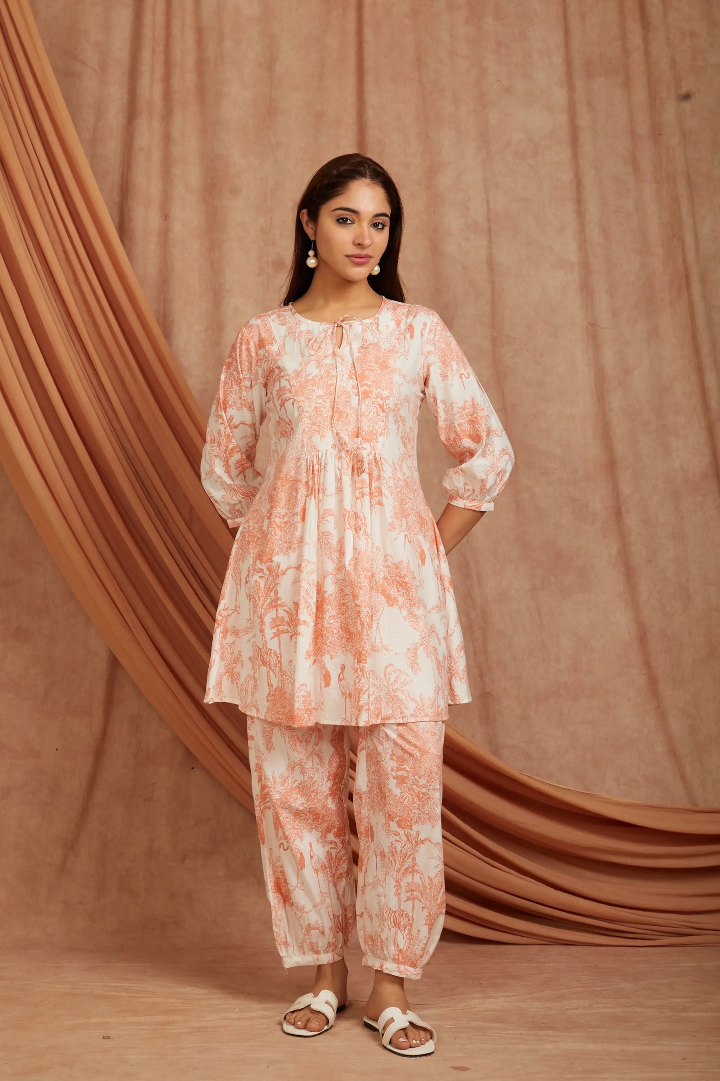 White Peach Printed Cotton Kurta with Pants - Set of 2