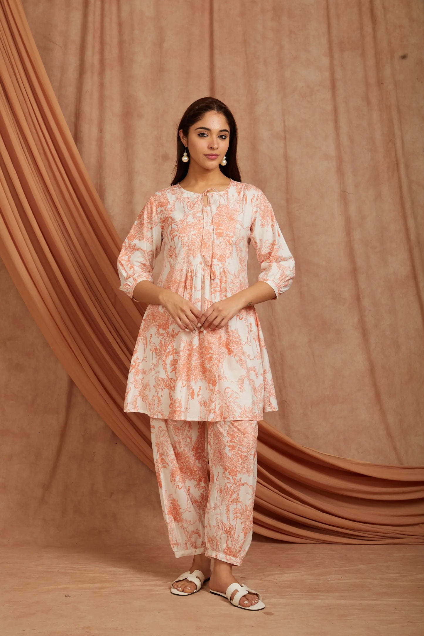 White Peach Printed Cotton Kurta with Pants - Set of 2