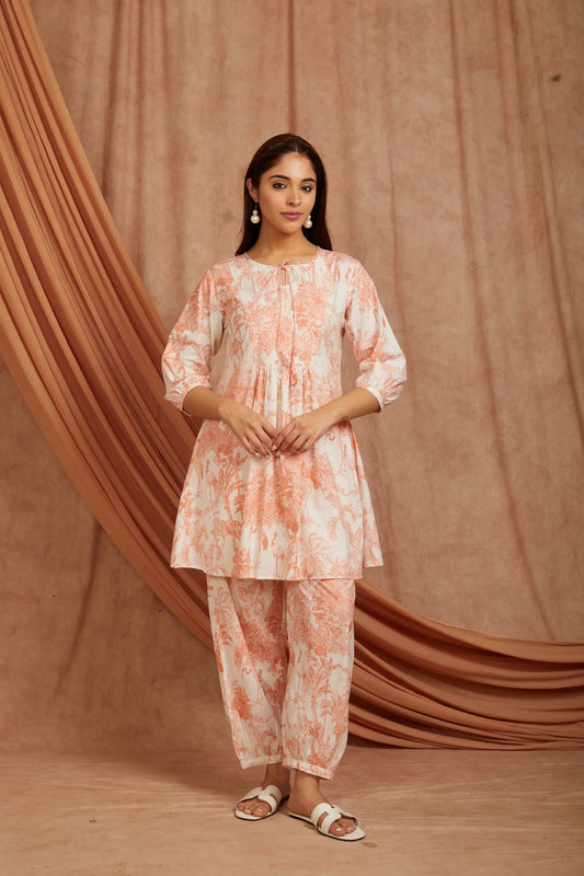 White Peach Printed Cotton Kurta with Pants - Set of 2