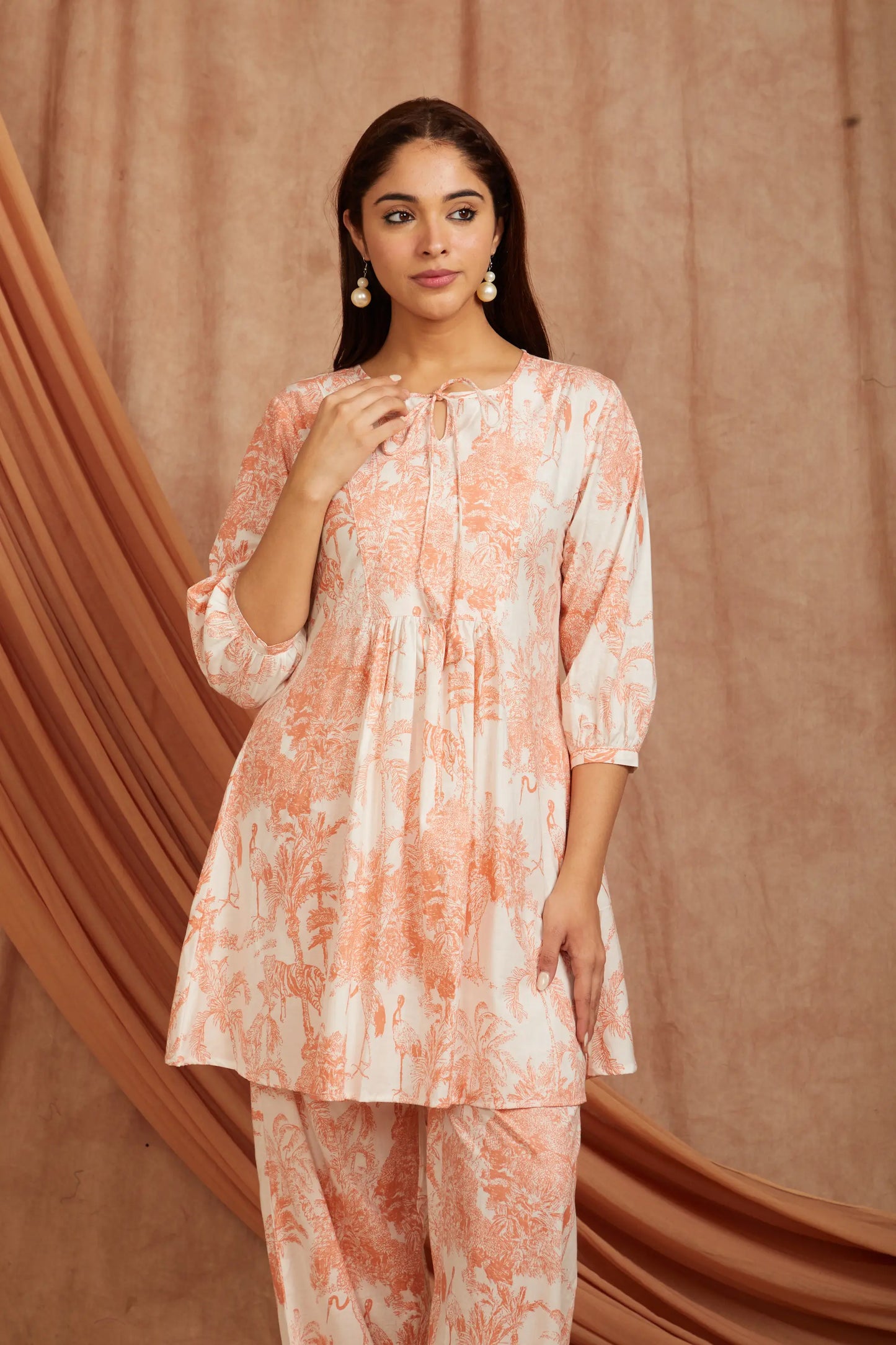 White Peach Printed Cotton Kurta with Pants - Set of 2