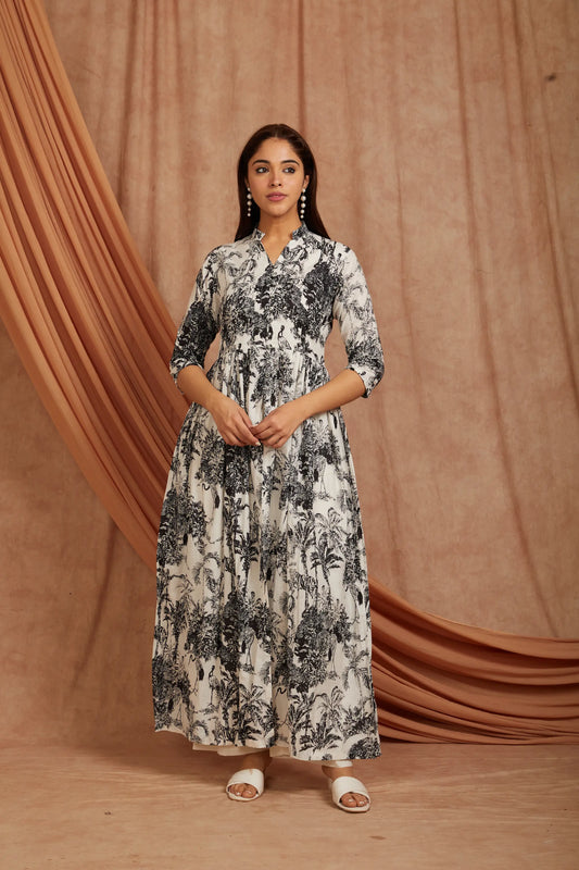 White Black Printed Cotton Kurta with Pants - Set of 2