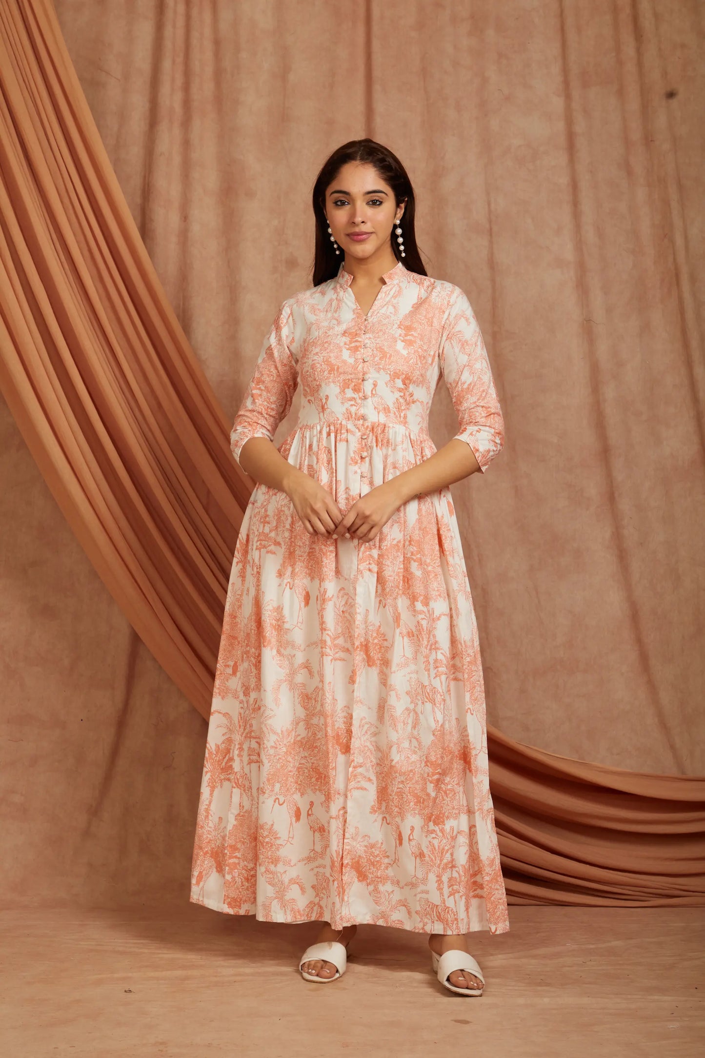 White Peach Printed Cotton Kurta with Pants - Set of 2