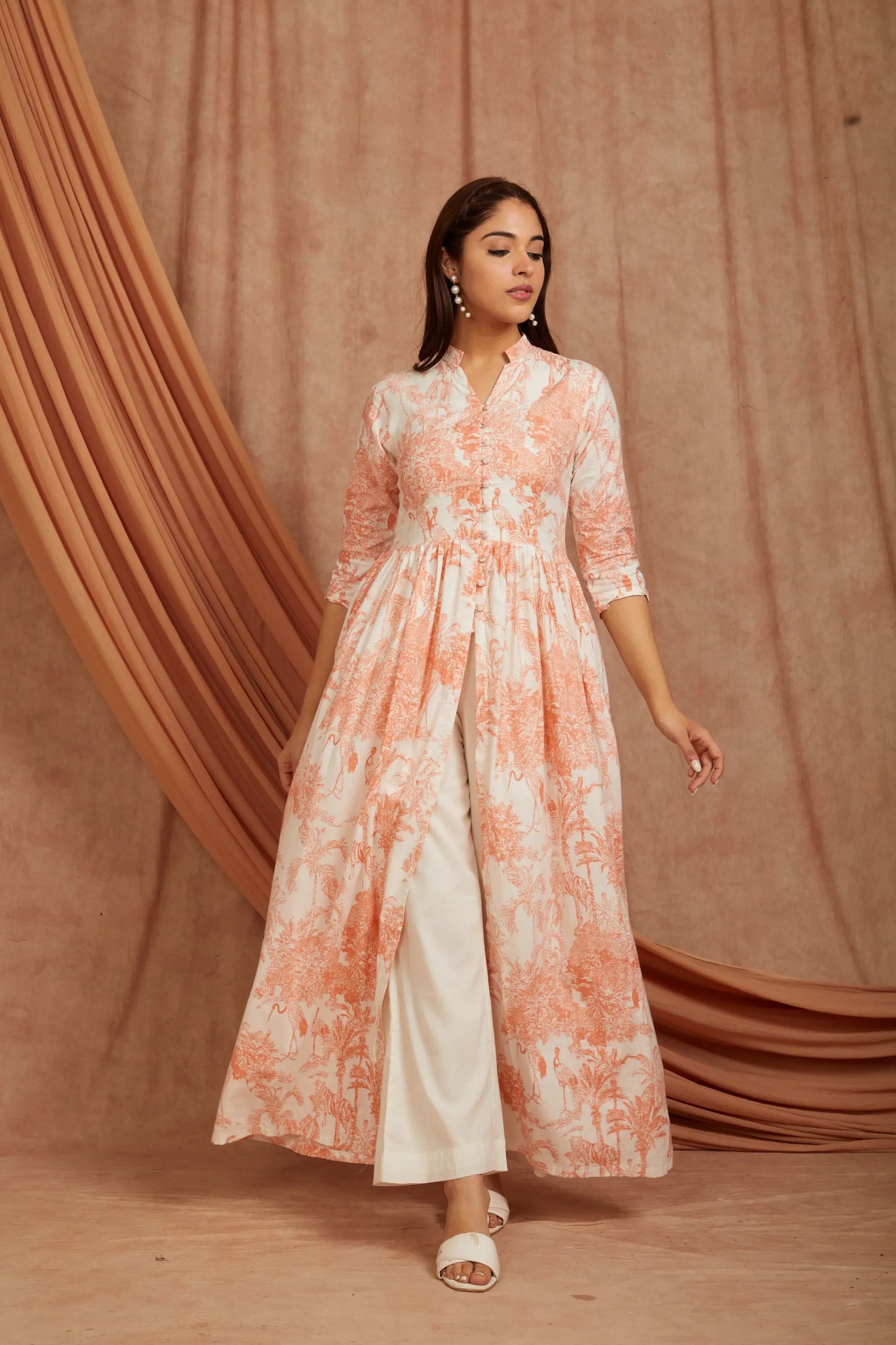 White Peach Printed Cotton Kurta with Pants - Set of 2