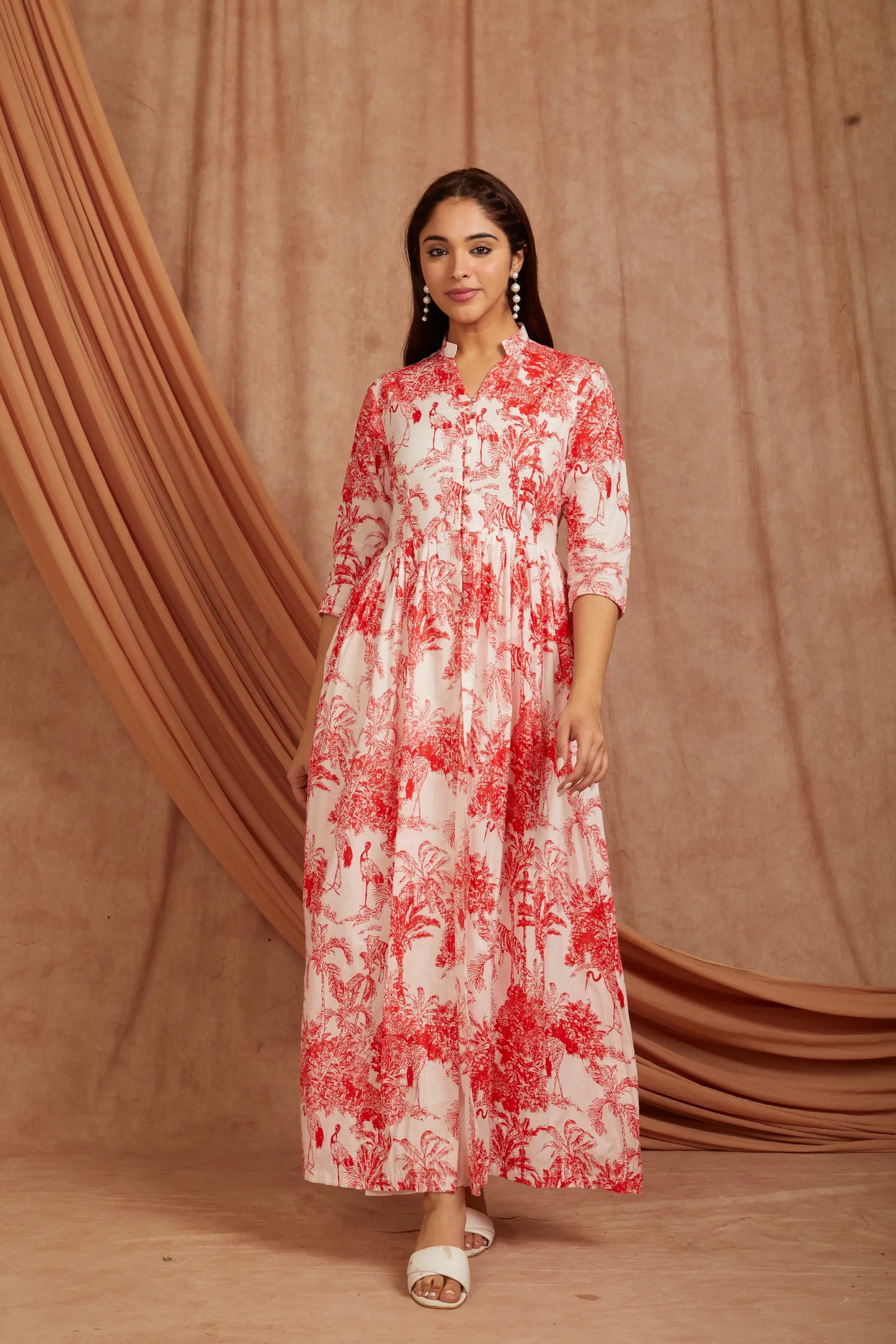 White Red Printed Cotton Kurta with Pants - Set of 2