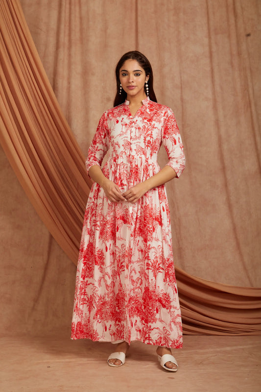 White Red Printed Cotton Kurta with Pants - Set of 2
