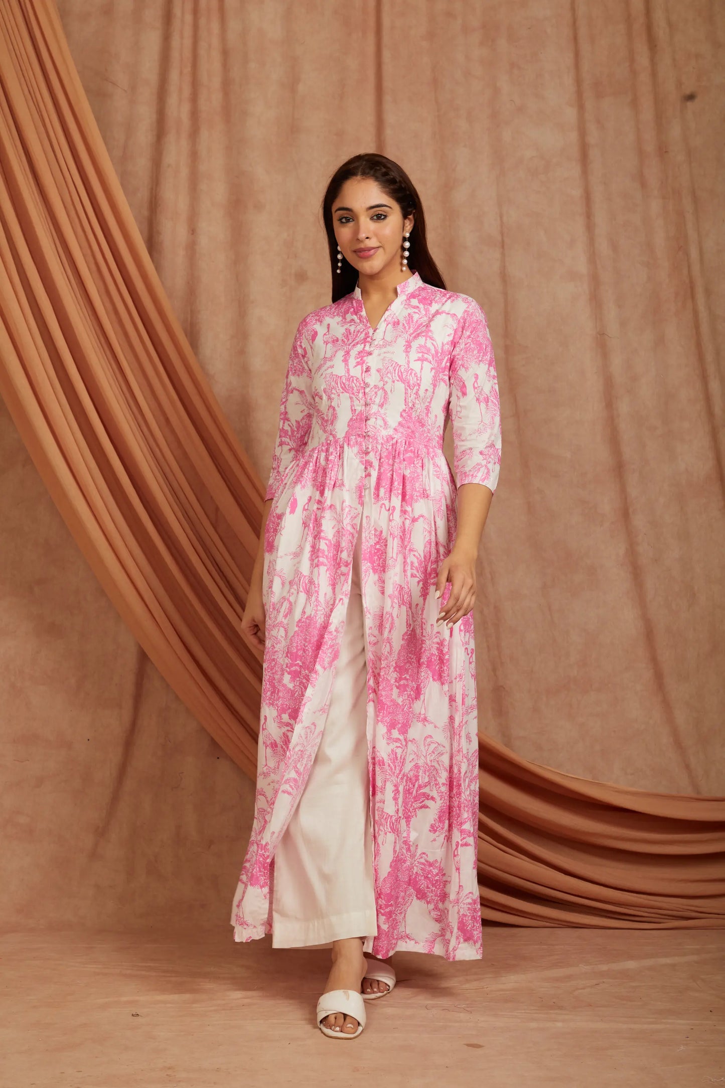White Pink Printed Cotton Kurta with Pants - Set of 2