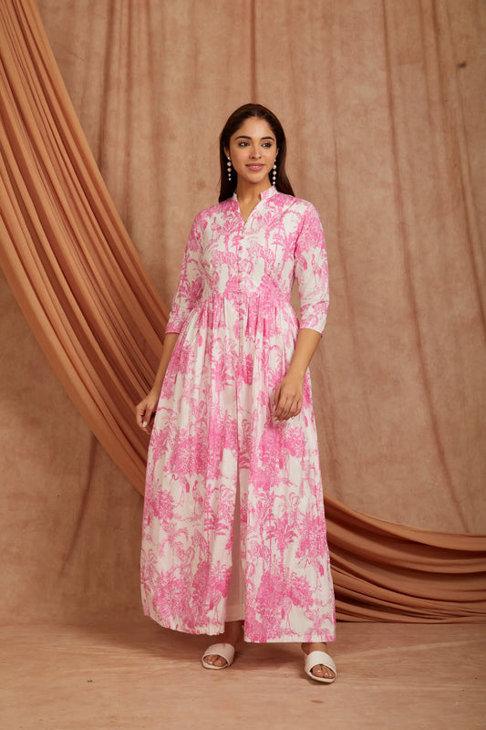White Pink Printed Cotton Kurta with Pants - Set of 2