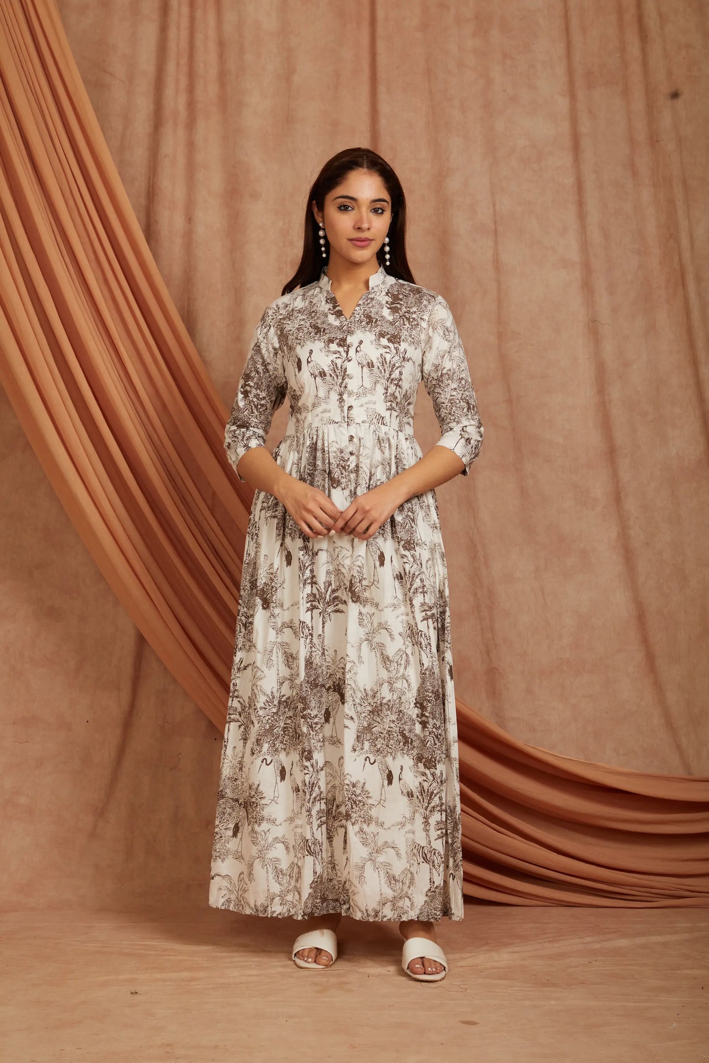 White Brown Printed Cotton Kurta with Pants - Set of 2