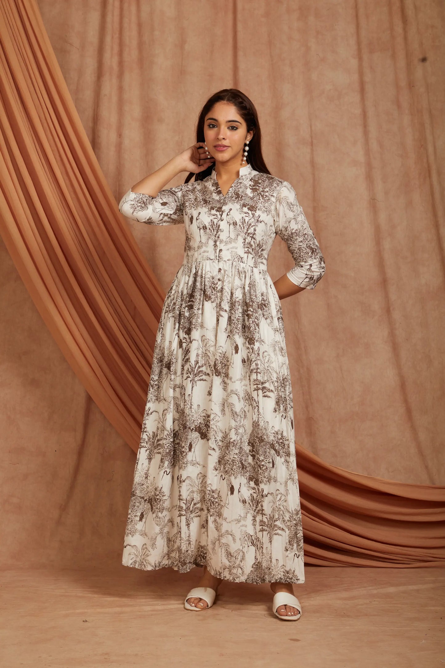White Brown Printed Cotton Kurta with Pants - Set of 2