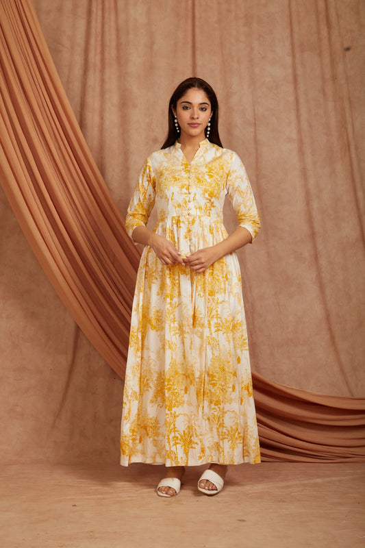 White Yellow Printed Cotton Kurta with Pants - Set of 2