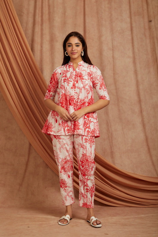White Red Printed Cotton Co-ord Set - Set of 2