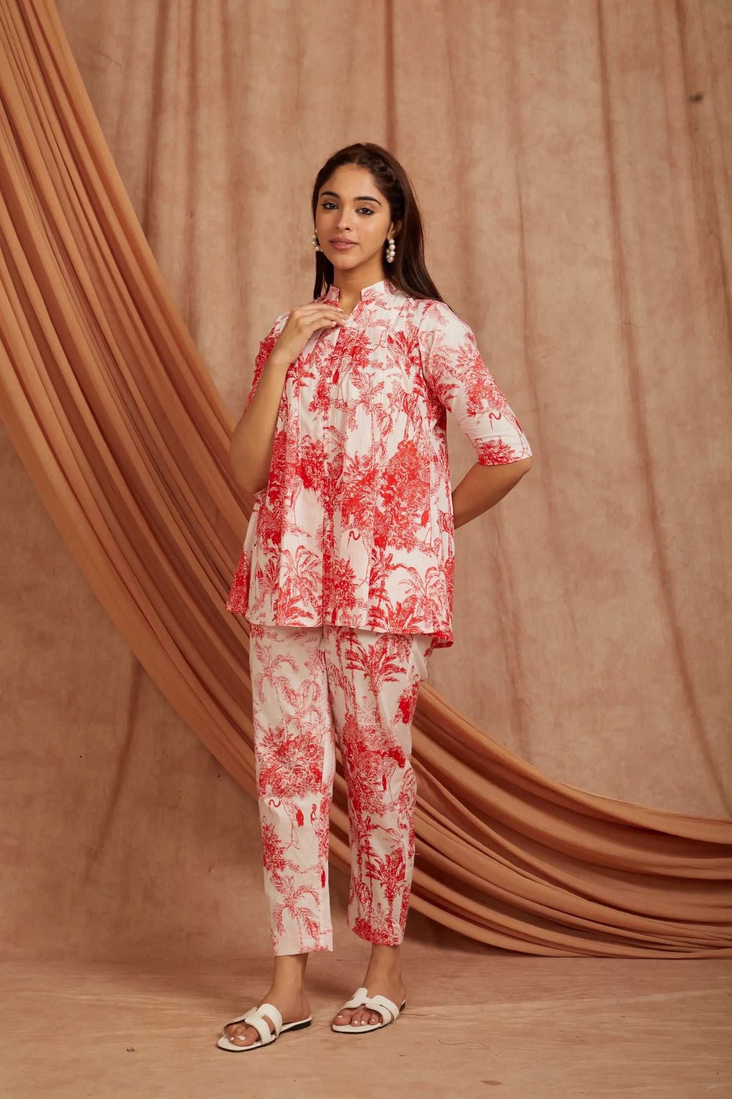 White Red Printed Cotton Co-ord Set - Set of 2